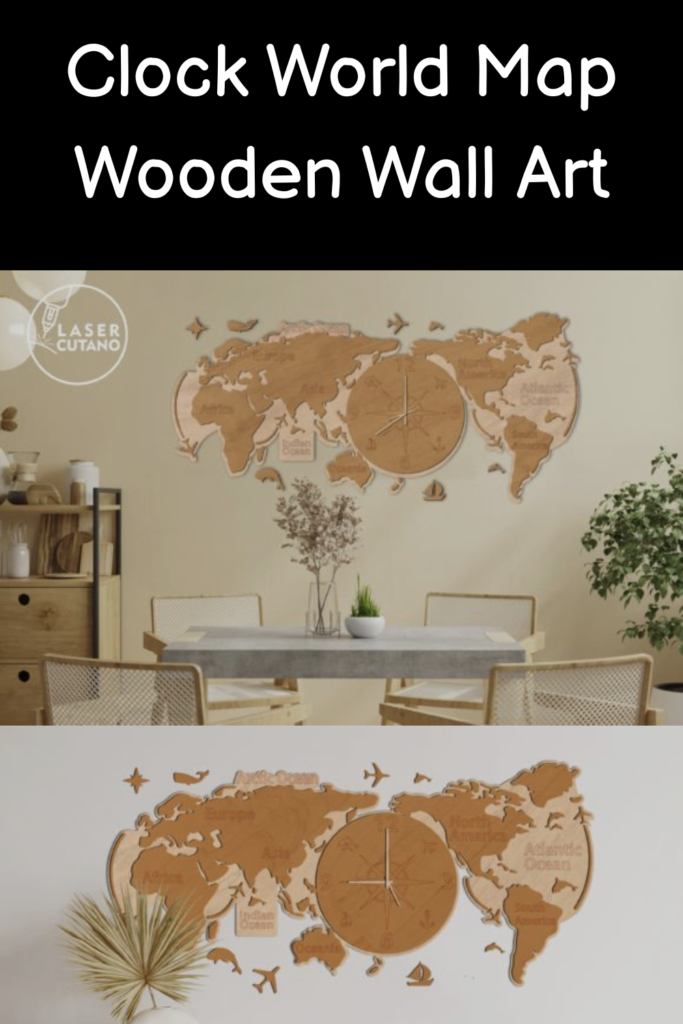 Clock World Map Wooden Wall Art