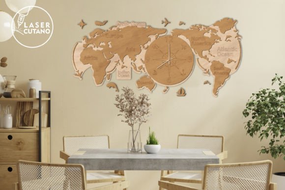 Clock World Map Wooden Wall Art