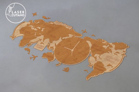 Clock World Map Wooden Wall Art