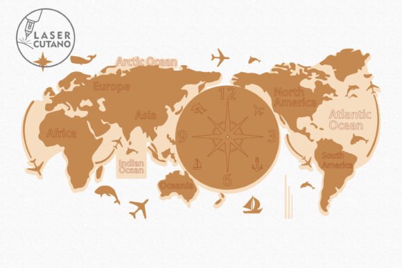 Clock World Map Wooden Wall Art